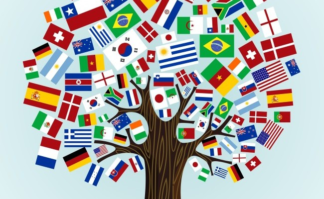 Международный день языка. Земной шар с флагами стран. Разнообразие языков. Символ дружбы народов. Эмблема мир.