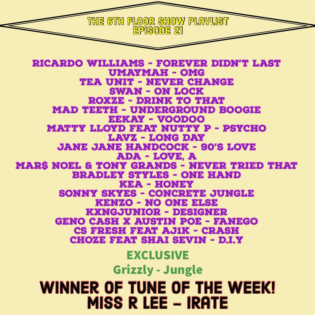 Episode 21 #ComingSoon #The6thFloorShow 
<a href="/iamRicardoW/">Ricardo Williams</a> @El_Umaymah <a href="/itsteaunit/">Tea Unit</a> @_Roxze <a href="/madteethworld/">Mad Teeth</a> <a href="/eekaymusic/">EEKXY</a> <a href="/MyNameIsNuttyP/">Anton “Nutty P” Flanders</a> <a href="/itslavz/">LAVZ</a> @handcockjay @iamadab <a href="/ItsMarsNoel/">MAR$ NOEL</a> @selfmadekea <a href="/Sonny9Skyes/">Sonny Skyes</a> @KenzoSings @KXNGJUNIORMUSIC <a href="/AustinPoe_/">Zoony Life ☄</a> <a href="/CSFreshMusic/">CS Fresh</a> <a href="/ChozeMusic/">Choze</a> @jkthesunman