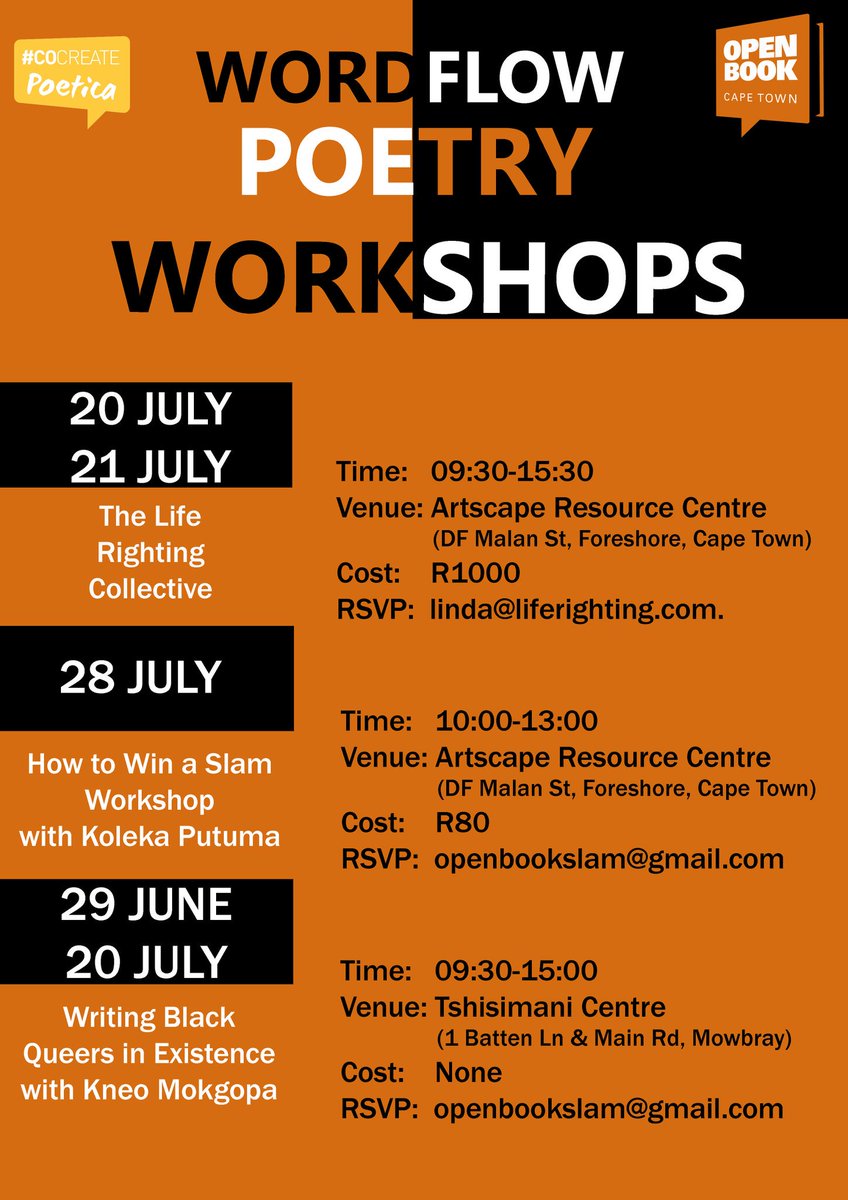 faye_kk's tweet photo. Poetry workshops in Cape Town with Kneo Mokgopa, @Lindakaoma, and @KPutuma? I am ready. 
*body rolls* https://t.co/c9sLWYkCXR