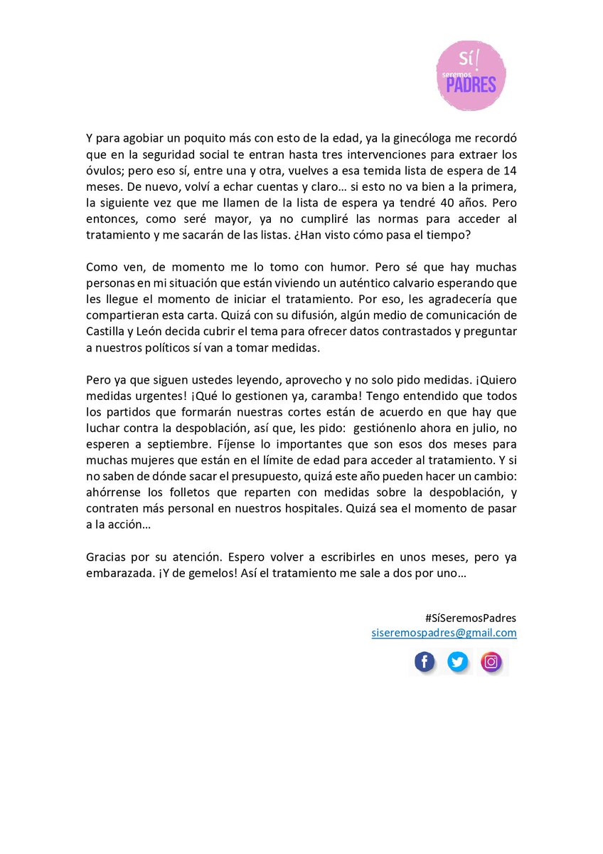 Publicamos nuestra #CartaAbierta sobre la #ListaDeEspera que hay en #Valladolid para acceder a los tratamientos de #FecundaciónInVitro. Una realidad que se extiende a #CastillayLeón y otras comunidades. Agradecemos toda la difusión posible. Gracias!! #SíSeremosPadres #EspañaVacia