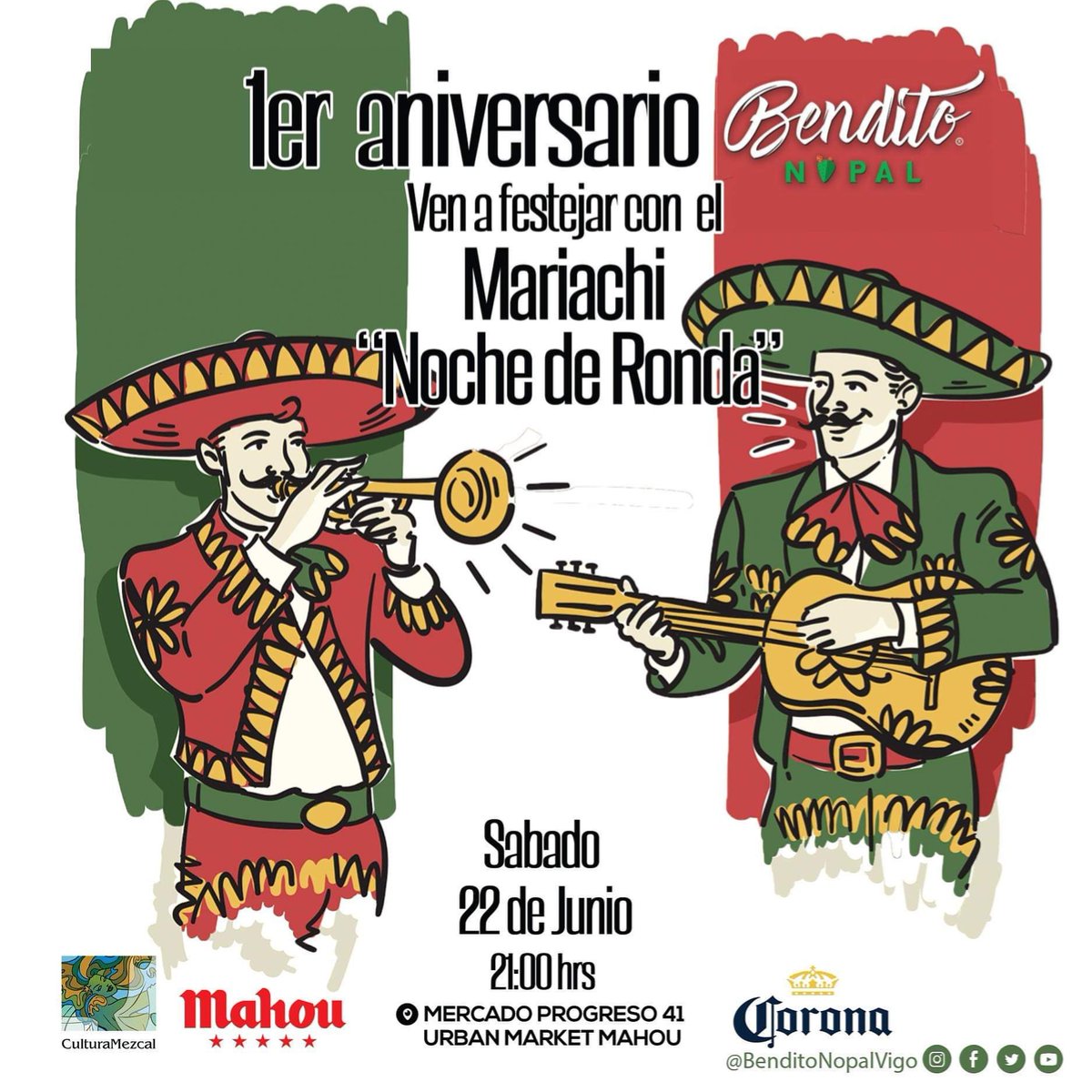 progreso41's tweet photo. Ven a festejar este sábado 22  el 1er aniversario de @BenditoNopal con Mariachi, ¡te esperamos en nuestro gastromercado en compañía de amigos y familiares!  ¡No te lo puedes perder! 
#Vigo #Galicia https://t.co/MGuGsnjBpX