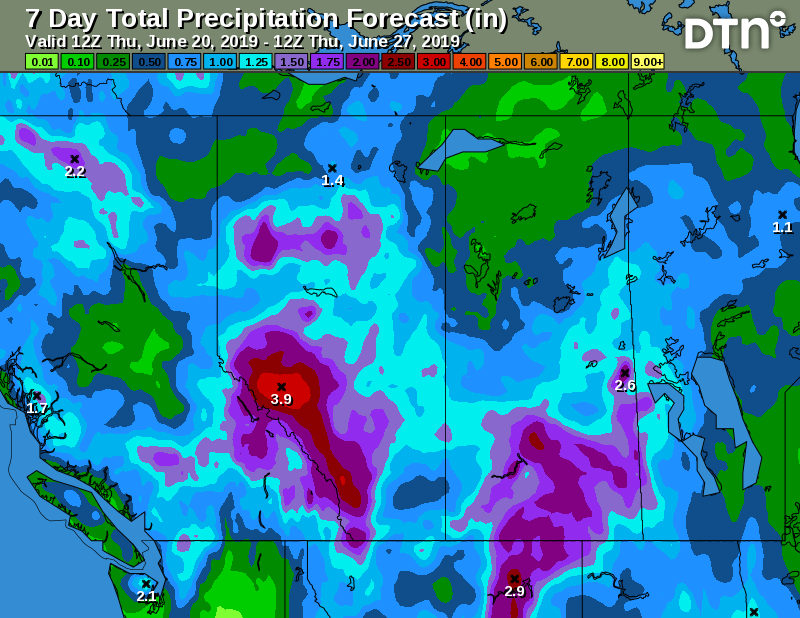 BAndersonDTN's tweet photo. DTN 7-day Canadian Prairies precipitation forecast Thursday shows more variability than earlier this week. Heavy focus is in western fringe near the Rockies. Light to moderate elsewhere with locally heavy. Dryness easing looks to be short-term. https://t.co/bwbXgei20l
