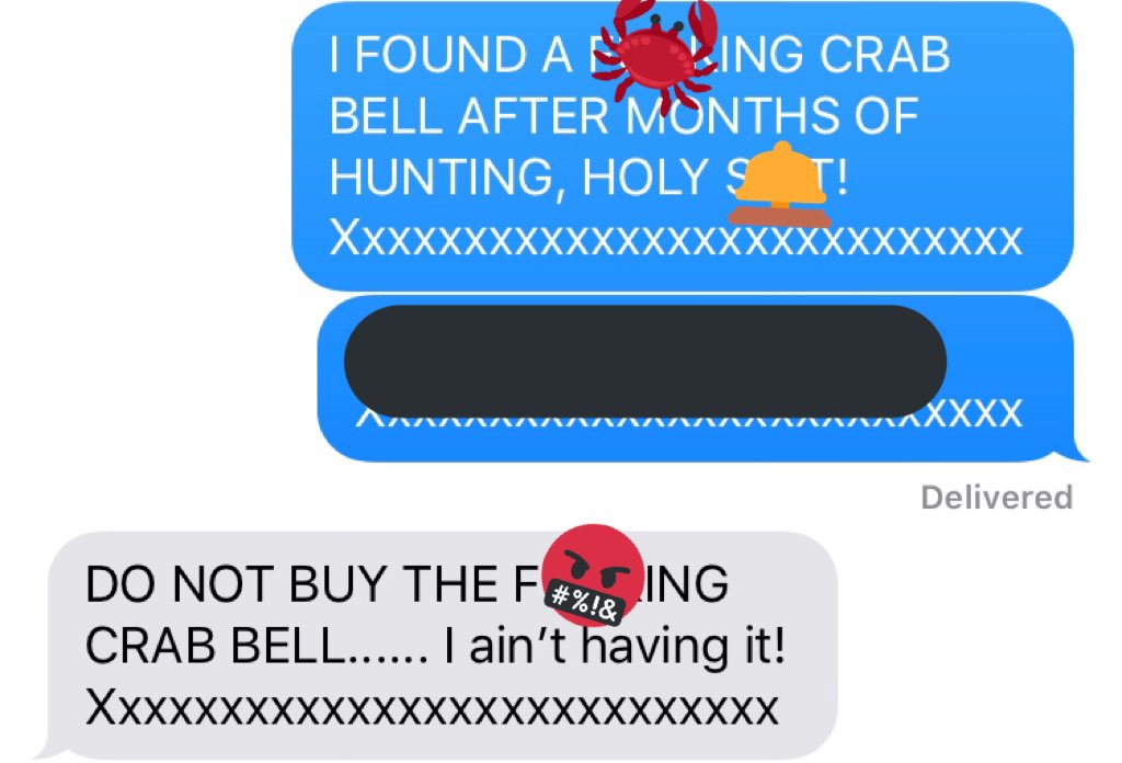 SecretCrabBell's tweet photo. Yesterday, I expressed my sheer joy when finding a crab bell.
My fiancée, however, was not so pleased when I shared my excitement.

Of course, as with many males around the world, when told specifically “DO NOT BUY THE F***ING CRAB BELL”, I just had to purchase it! https://t.co/1NxJEYI8MT
