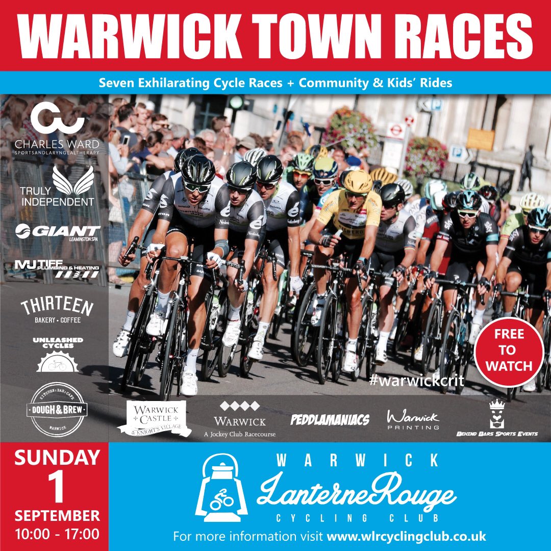🔵🔴WARWICK TOWN CRIT RACES🔵🔴
Proudly Sponsored &amp; Supported by
<a href="/cwsportsmass/">Charles Ward</a> @Trulyltd <a href="/GiantLeamington/">Giant Leamington Spa</a> <a href="/thirteenbakers/">Thirteen</a> @unleashedcycles <a href="/DoughAndBrew/">Dough And Brew</a> @marktiff @warwickcastle @warwickraces @behindbarsevent @warwickprinting @warkshearts <a href="/efeek/">Harvey Keefe</a> <a href="/cjseventswarks/">CJ's Events Warwickshire Limited</a> <a href="/peddlamaniacs/">peddlamaniacs cycle club</a>