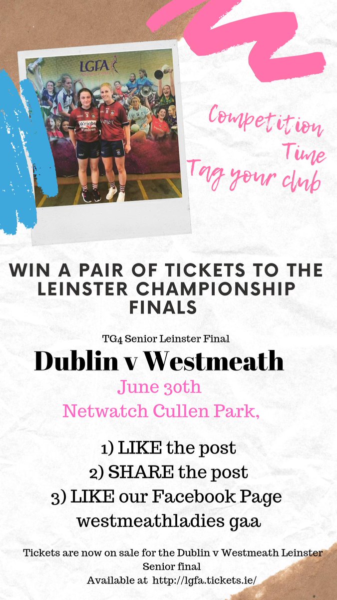 Pair of tickets to be won for the TG4 Leinster Championship #win #lgfa #leinsterlgfa
 Dublin v Westmeath Leinster Senior final  June 30th Netwatch Cullen Park, Carlow. 
lgfa.tickets.ie A €15, Stu/ SC €5, U16 €2. 
#SeriousSupport #LGFA #ShowYourStripes #westmeathladies
