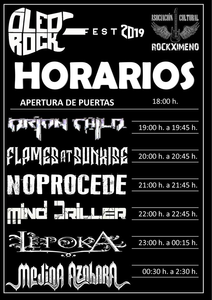 HMetalBrigade's tweet photo. Horarios oficiales del #OleoRock Festival este sábado en #Torredonjimeno (Jaén) con la participación de @OrionChildMetal @FlamesAtSunrise @losNOPROCEDE @MindDrillerBand @LepokaFolk y @MedinaAzahara_ https://t.co/DX8NW947fc