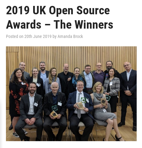 openuk_uk's tweet photo. UK Open Source awards 2019 summary by @AmandaBrockUK is now published: https://t.co/0MJouGeDef
#UKOSA #OpenSource #Edinburgh @NHSX @AppertaUK @ABEHR_Digital @OpusVL @kdecommunity @salesagility @Collabora @codethink @Nextclouders #OpenInnovationNetwork @BrambleHub @NathanHughes__ https://t.co/MQstR0zeAd