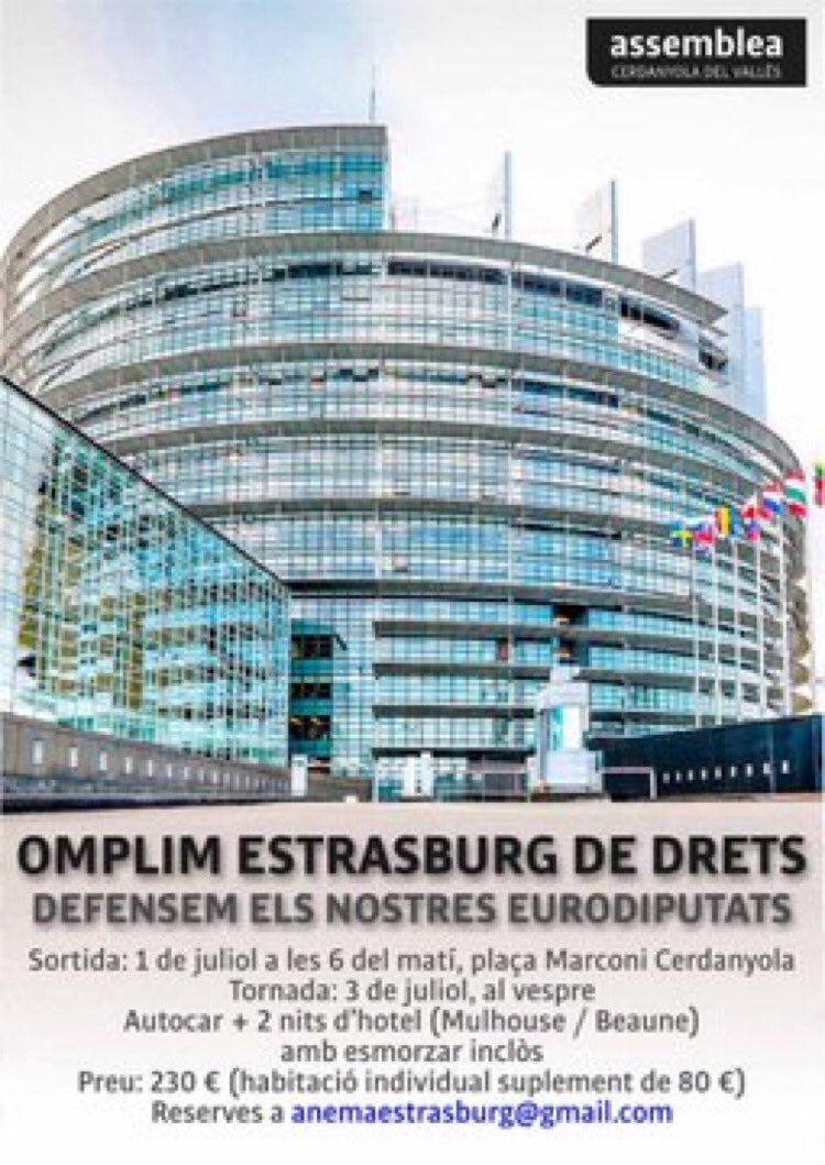 Pugem_'s tweet photo. 🔴 AUTOCAR CERDANYOLA 🔴

Autocar de l’@CxInd ANC Cerdanyola a Estrasburg + 2 nits d’hotel

Sortida: 6h (matí) dia 1 juliol
Tornada: vespre dia 3 juliol
Preu: 230€
Reserves: anemaestrasburg@gmail.com

#2JTotsAlParlamentEU 
#OmplimEstrasburg https://t.co/Kx5XXYUPBE