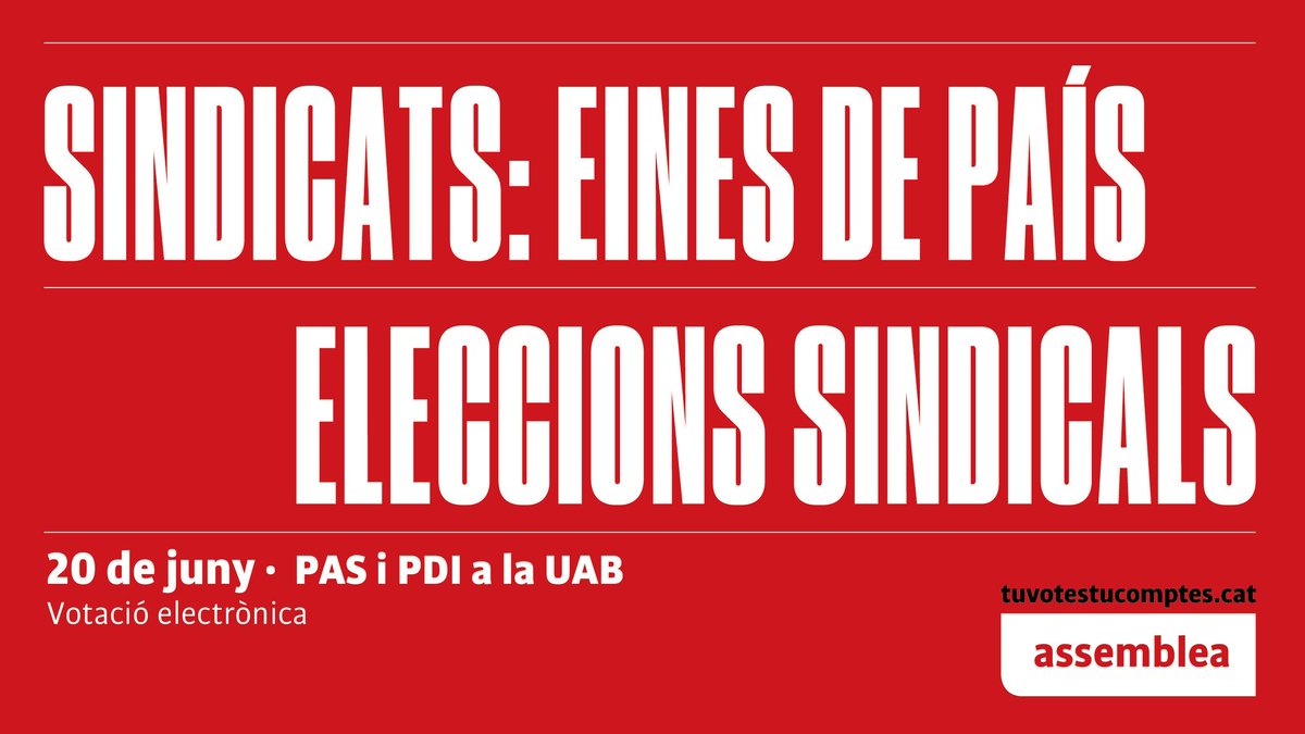 assemblea's tweet photo. ⬛⬜ Enfortim el sindicalisme nacional i de classe per avançar #CapALaIndependència🧭
👉Avui, eleccions sindicals de PAS i PDI a la UAB. 
✅ Allà on hi hagi urnes, els independentistes hi hem de ser! https://t.co/mXFP8fQSbl