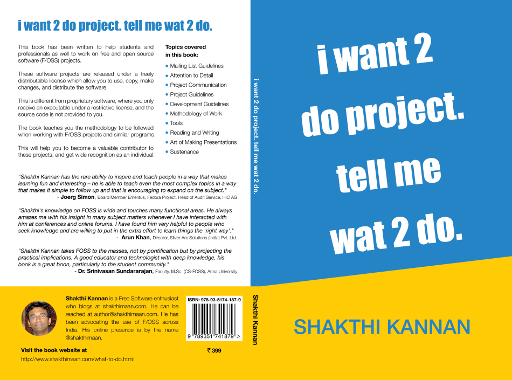 shakthimaan's tweet photo. My "i want 2 do project. tell me wat 2 do." book is now available at Amazon (Brazil, Canada, France, Germany, Italy, Japan, UK, US), Bertrams (UK) and Barnes and Noble (US) https://t.co/HUH7tdBd8q #wat2do https://t.co/AN9pQioLdB