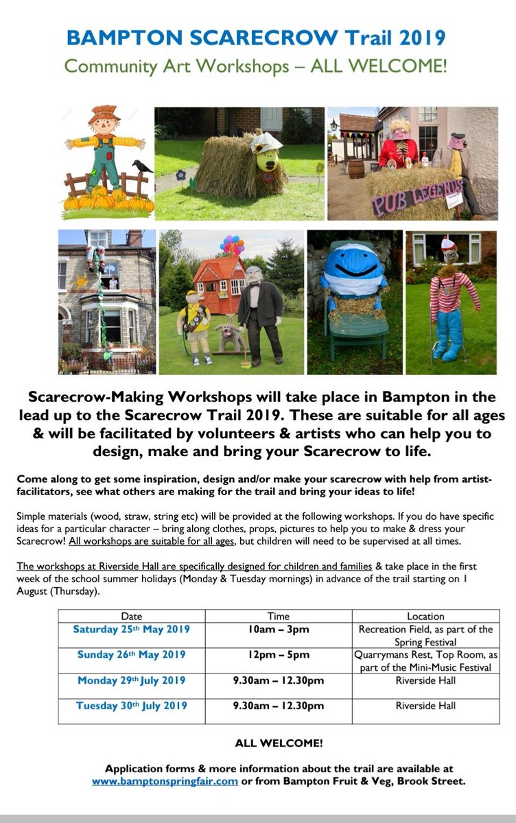 bampton_fair's tweet photo. #Bampton #Scarecrow #Trail 2019 is go! Sign up to take part &amp; help bring #Bampton #Devon to "Scarecrow-Life" from 1st - 31st August 2019! #Workshops at Riverside Hall in July to help you make your creative ideas a reality! #MidDevon #Arts #Community  https://t.co/KJtmrHDxqn https://t.co/Y0wyZfuwUO