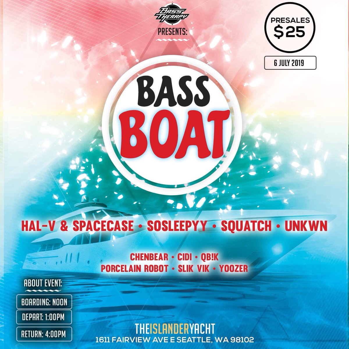 Squatchsmusic's tweet photo. Everybody get ready for the first BASS THERAPY BASS BOAT. This is gonna be insane don’t miss out. Message me if you are having trouble finding tickets. https://t.co/JWuGfrtGCp