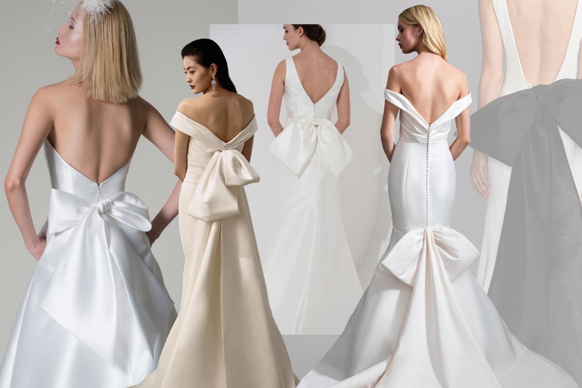 Bridal bows aren't going anywhere, they're simply getting bigger. These deconstructed versions are powerful and amplified, adorning the backs of these beautiful wedding gowns. #bridal #trade #hbs2019 #trends