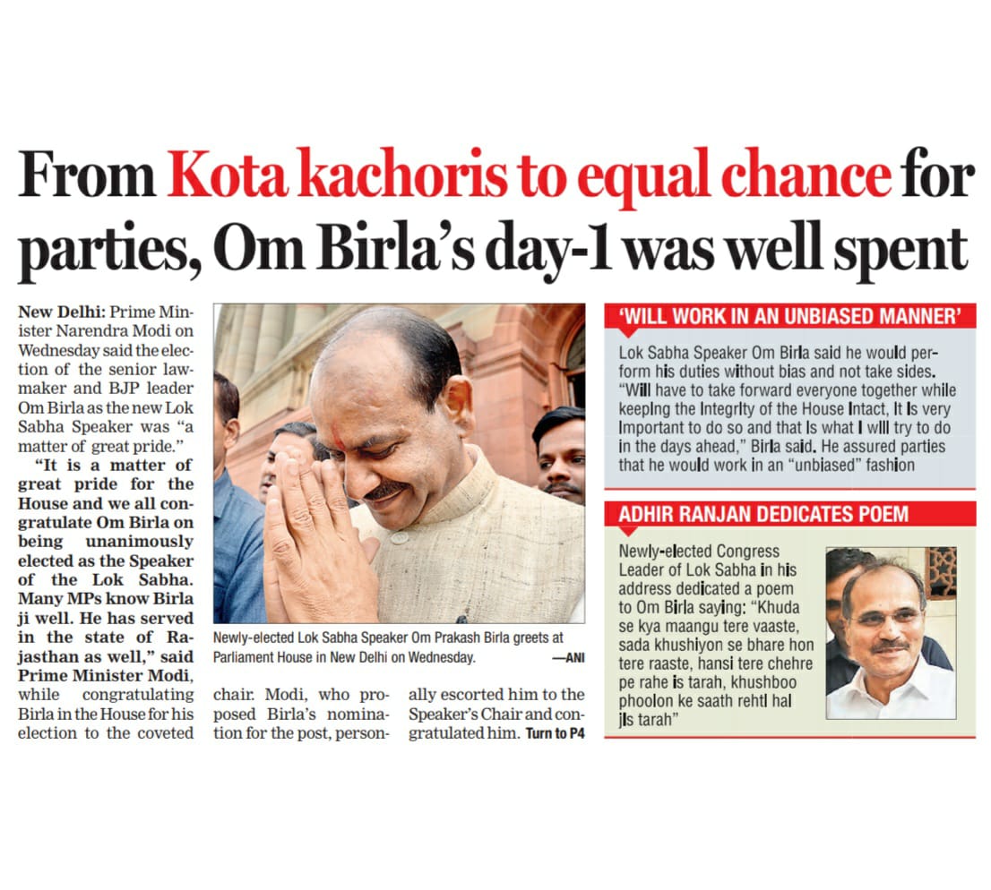 thefirstindia's tweet image. #FirstIndia | #FirstIndiaExpress
From Kota Kachori to equal chances for parties, Om Birla's (@ombirlakota)  day-1 was well spent.