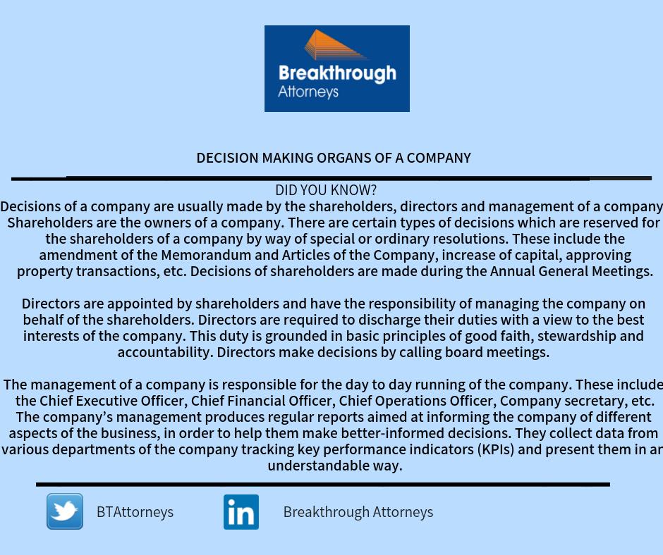BTAttorneys's tweet image. On this week's legal update, the Corporate and Commercial Department at Breakthrough Attorneys provides a short summary on the key decision making organs of a company.
#LegalTipsThursday
#CompanyLaw
#DecisionMaking