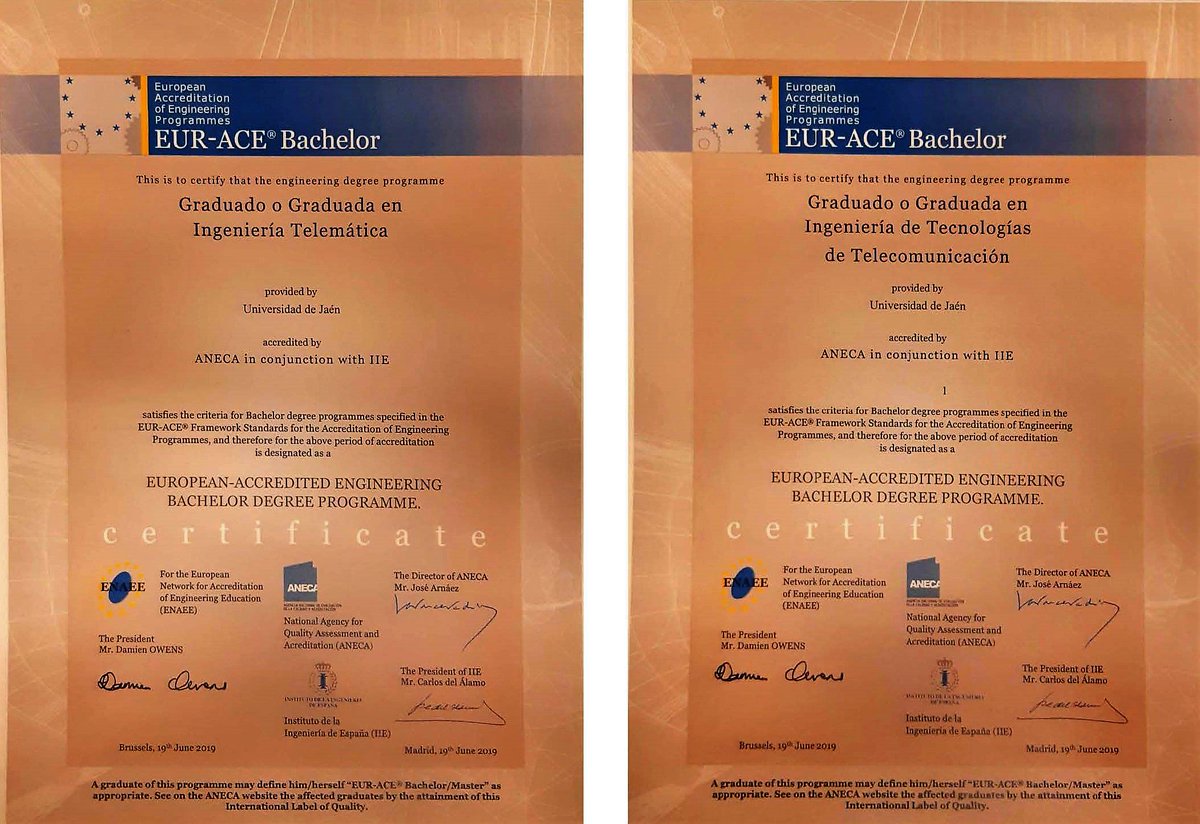 EPSLinares's tweet photo. En la III Jornada sobre Sellos Internacionales de Calidad, organizada por #ANECA e Instituto Ingeniería de España, se ha entregado certificados #EURACE a títulos de Grado Ingeniería #Telemática e Ingeniería de Tecnologías de #Telecomunicación de @EPSLinares #ENAEE @coitta_aagit https://t.co/Wu12PJVvbb