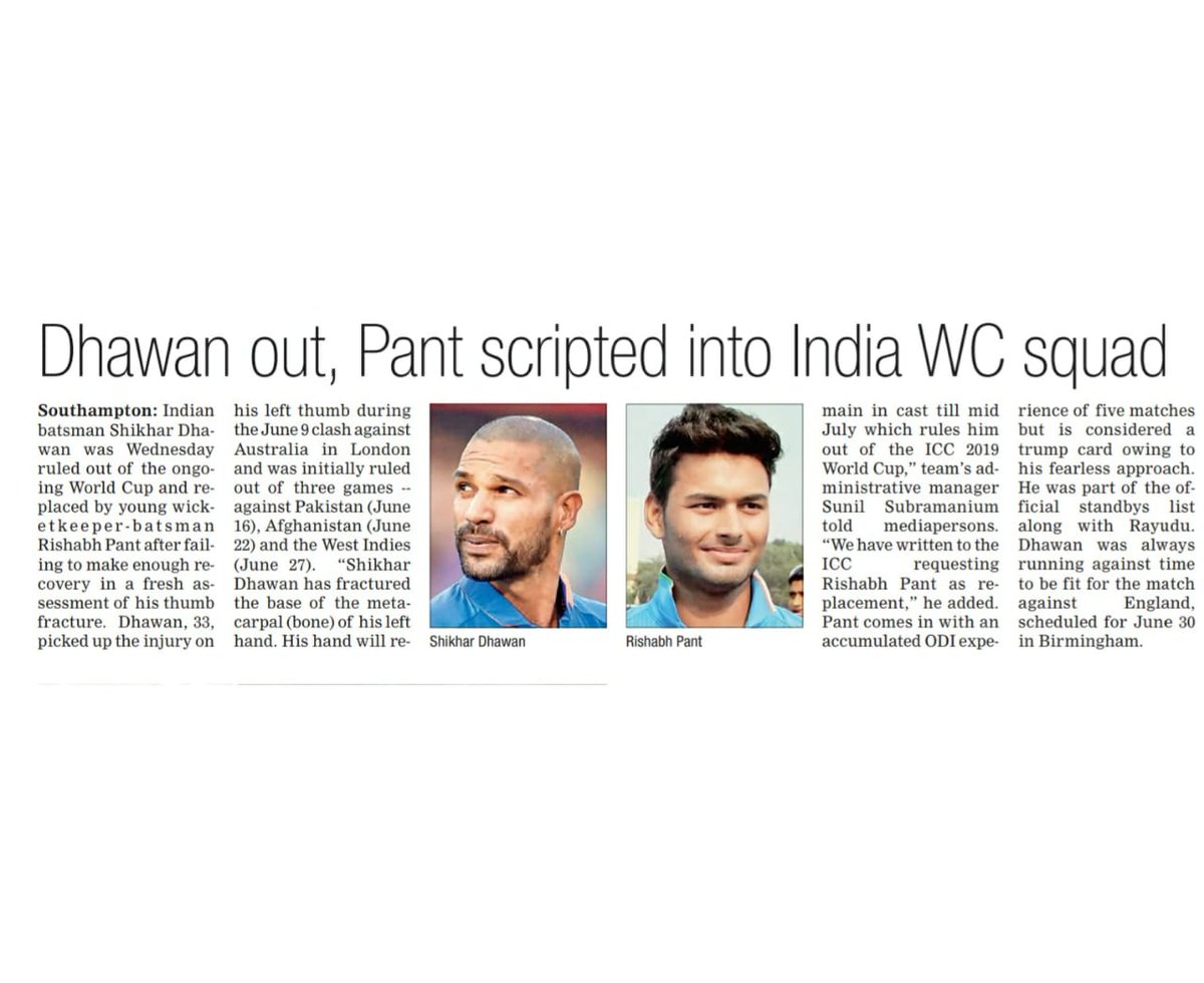 thefirstindia's tweet image. #FirstIndia | #FirstIndiaExpress
(@SDhawan25) Dhawan Out, Pant Scripted into India World Cup Squad.
#ShikharDhawan #RishabhPant #CWC19 #CricketWorldCup2019