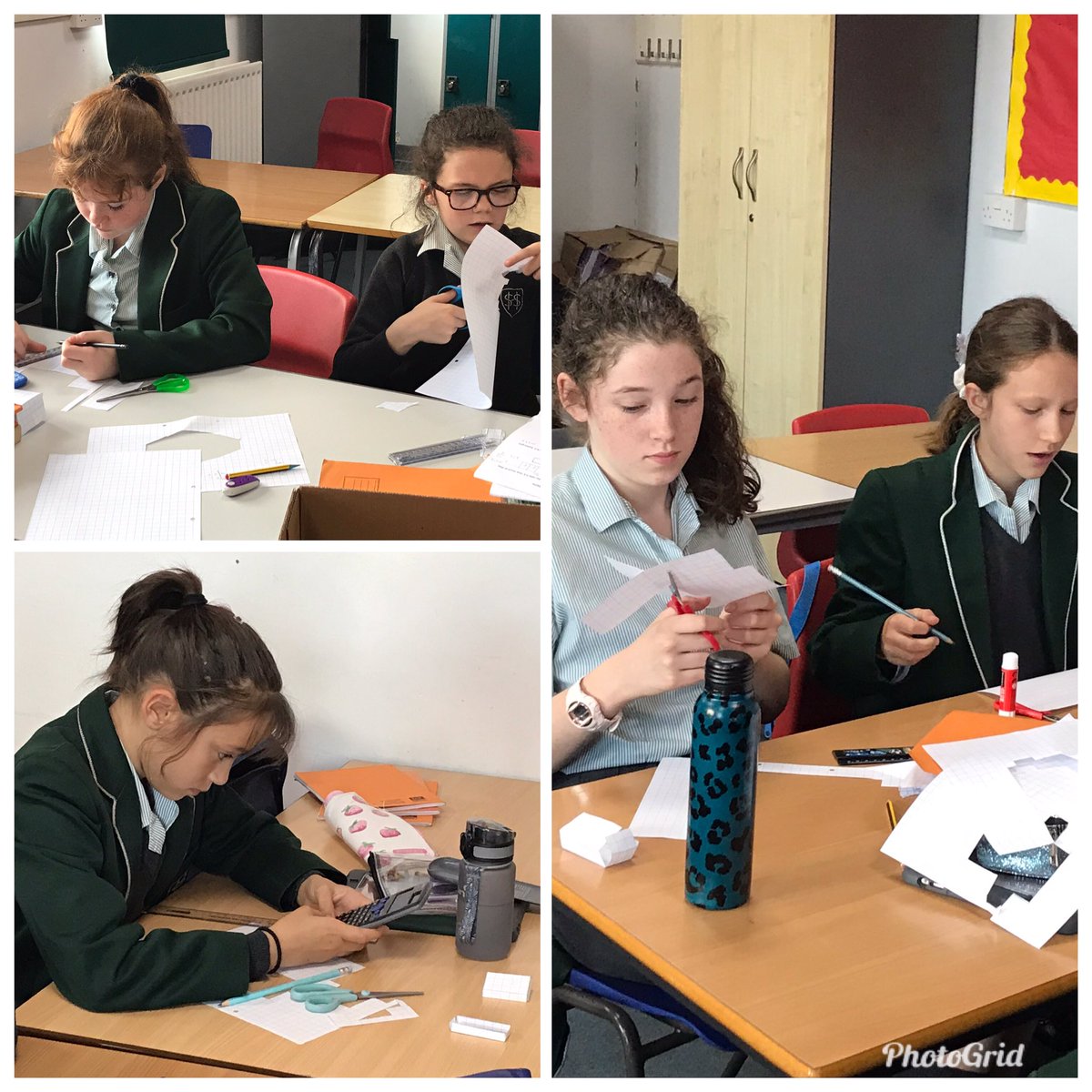 Serious amounts of Absorption, Imagining and Reasoning going on here as year 7 work towards the cuboid of largest possible volume made from one sheet of squared A4 paper. Any improvements on 264cm^3?