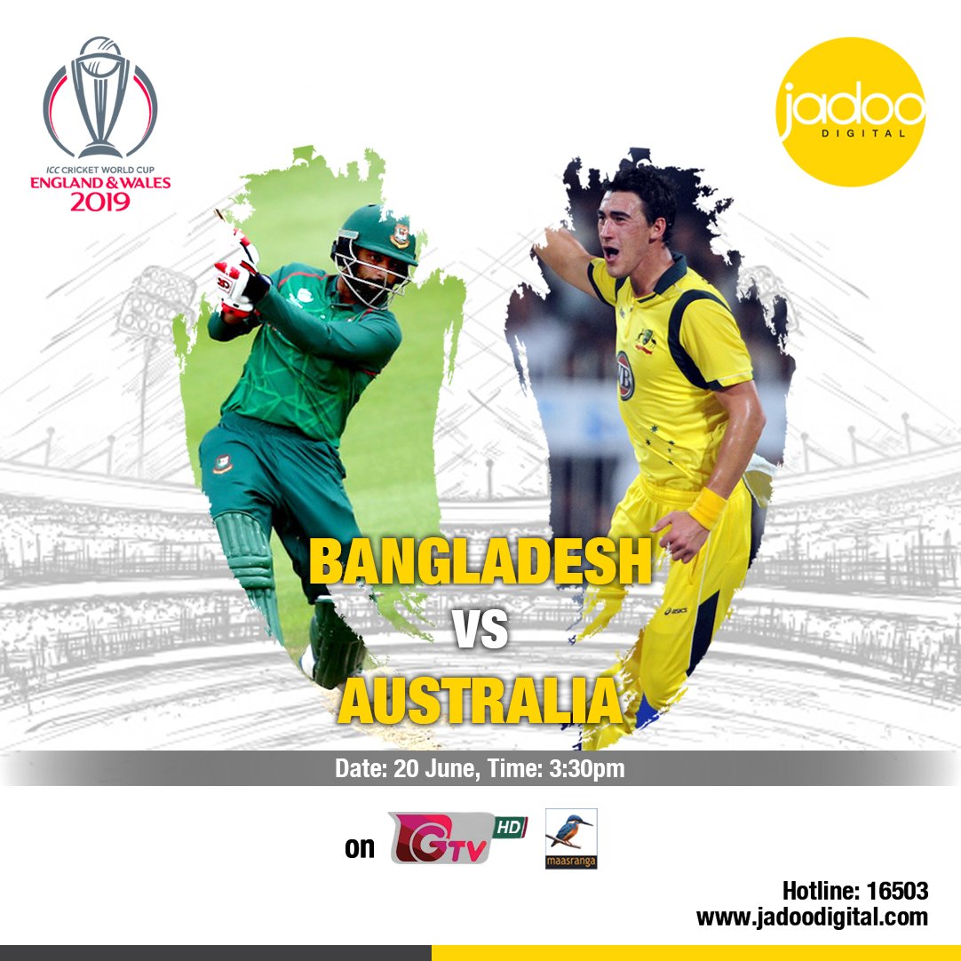 JadooDigital's tweet photo. ক্রিকেট বিশ্বকাপ –এ আজকের শ্বাসরুদ্বকর লড়াইয়ে টাইগারদের মুখোমুখি হতে যাচ্ছে অস্ট্রেলিয়া। টাইগারদের ম্যাচটি উপভোগ করুন জাদু-এর সাথে। #Jadoodigital #CWC19 #BANvsAUS #RiseOfTheTigers https://t.co/XTKugI9492