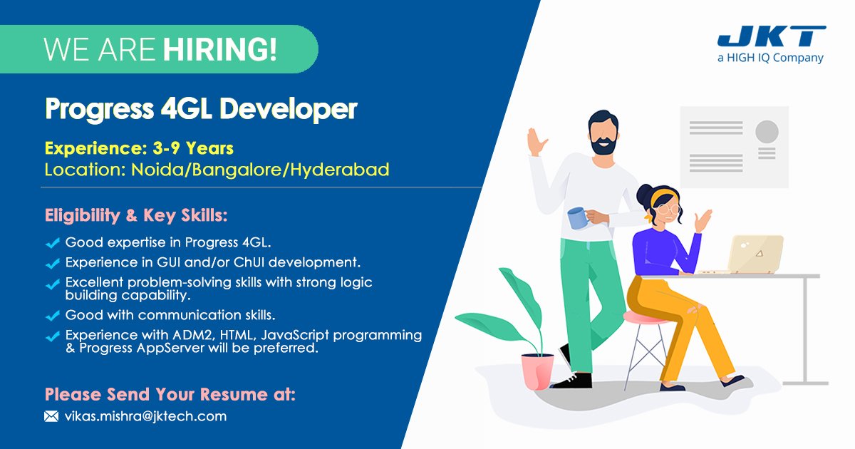 JKTechnosoft's tweet image. #JKTechnosoft is #Hiring for &quot;#Progress4GL #Developer&quot; having 3 to 9 years of professional working experience for our #Noida, #Bangalore &amp;amp; #Hyderabad location.
Please share your #resume on vikas.mishra@jktech.com

#WeAreHiring #Progress #Software #Jobs #Career #Recruiting #RT