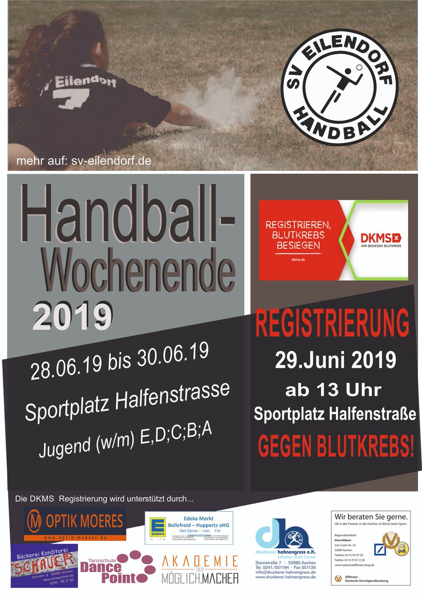 Save the date !!!! ... #Handball-Wochenende des SV #Eilendorf vom 28.06.19 bis 30.06.19 und am 29.06.19 ab 13 Uhr #DKMS-#Registrierungs-Aktion.

Sportplatz Halfenstraße, 52080 #Aachen
