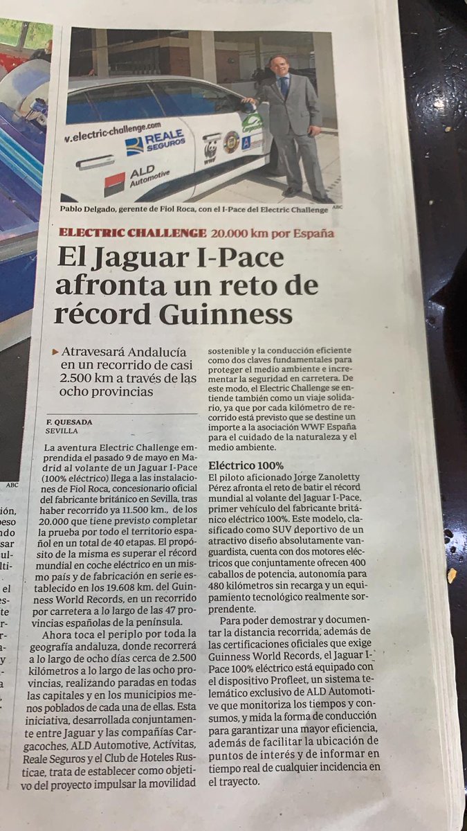 Electric Challenge (@elechallenge) on Twitter photo Gracias a <a href="/FiolRoca/">Jose Luis Fiol Roca</a> <a href="/JaguarPrensa/">Jaguar España News</a> @JaguarSpain por colaborar con tan buena predisposición a evangelizar la #movilidadeléctrica. Esto sale hoy en <a href="/abcdesevilla/">ABC de Sevilla</a>. Gracias a Pablo Delgado y a todo su equipo #electricchallenge Gracias a <a href="/FiolRoca/">Jose Luis Fiol Roca</a> <a href="/JaguarPrensa/">Jaguar España News</a> @JaguarSpain por colaborar con tan buena predisposición a evangelizar la #movilidadeléctrica. Esto sale hoy en <a href="/abcdesevilla/">ABC de Sevilla</a>. Gracias a Pablo Delgado y a todo su equipo #electricchallenge