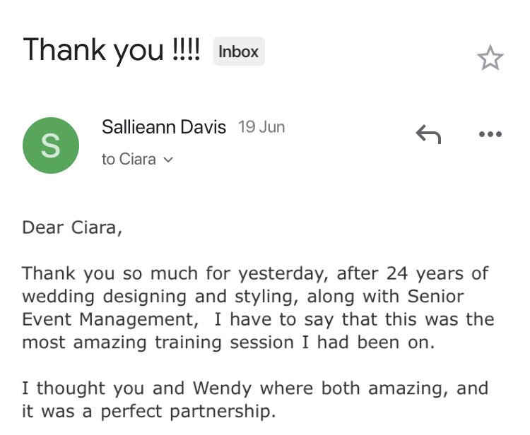 ccrossan's tweet photo. What an email to wake up to!! Thank YOU so much @Sallieannweds It is so rewarding getting this kind of feedback after running a training programme alongside @Maximatraining2. Biggest smile ever on my face this morning!!! 😄 #happyemail #testimonial #weddingtraining https://t.co/GtC0Eccv0W