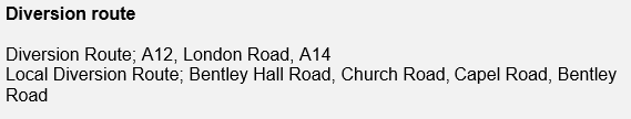 Suff_highways's tweet photo. The double roundabout leading to London Road, (Former A12) #Copdock including #A12 Bentley slip road (junction 32b as shown below) will be closed on 21 June between 7.30pm and 11pm, for emergency repairs. Please follow the diversion. #Suffolk https://t.co/931bYuAGuf