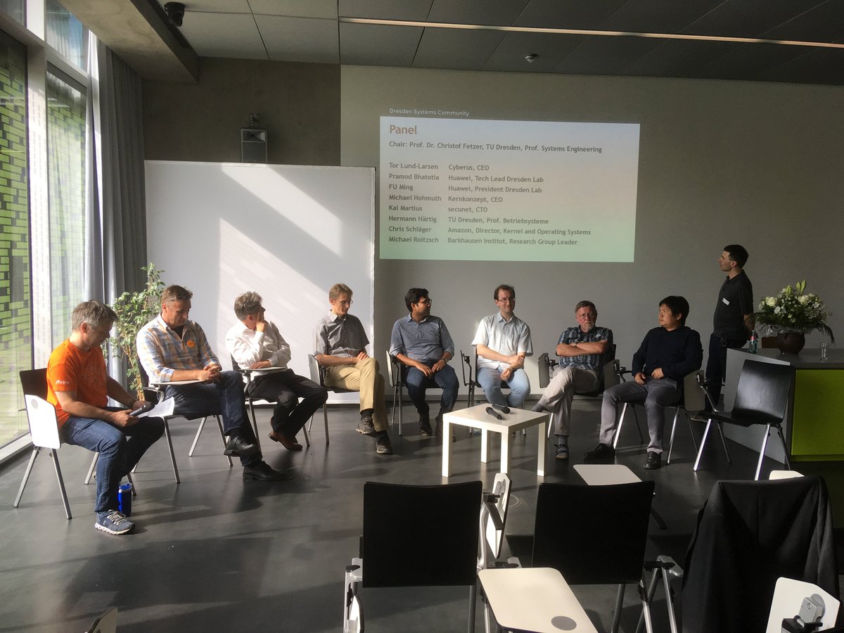 Panel discussion about the growing systems community in Dresden yesterday @amazon Chris Schläger, @CyberusTech T. Lund-Larsen, @secunet_AG K. Martius, @Huawei , @pramod_bhatotia, #barkhauseninstitut M. Roitzsch, @kernkonzept M. Hohmuth, Prof. H. Härtig & Prof. C. Fetzer (TUD)