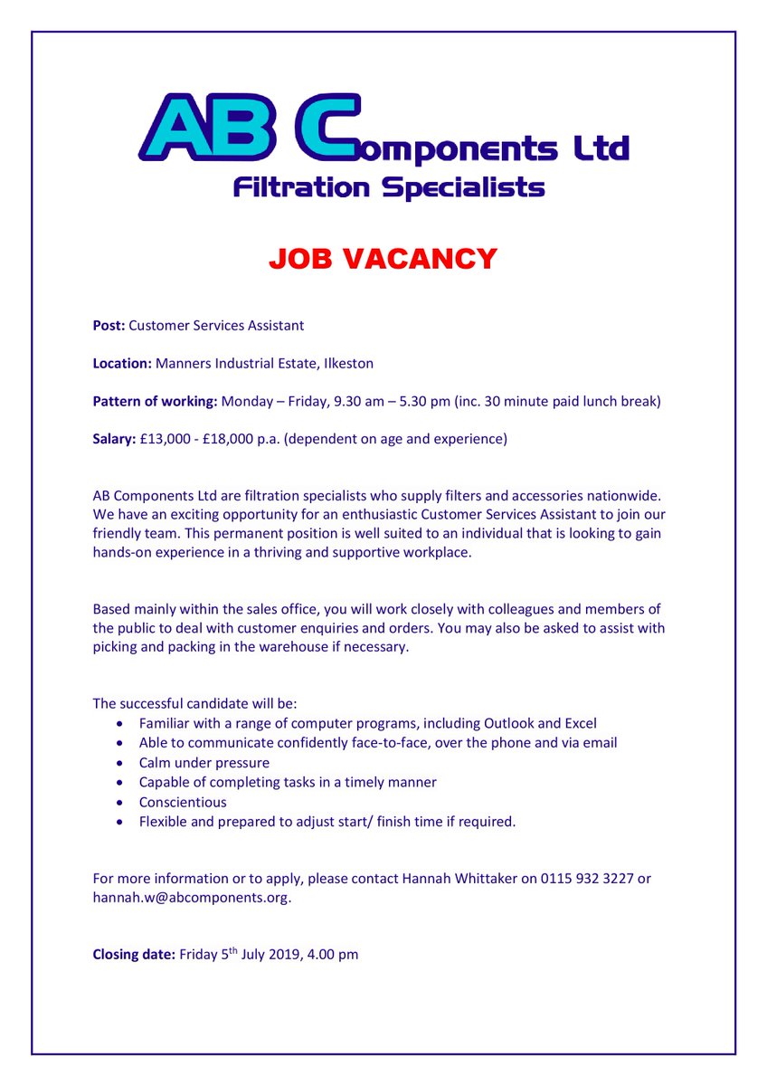 WE ARE HIRING!
AB Components Ltd are looking to recruit a full-time Customer Services Assistant to join our busy Ilkeston office. More details below...