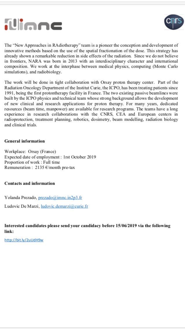 amonicalourenco's tweet photo. PhD position available on grid and mini beam proton therapy at IMNC and CNRS in Orsay. They are still looking for candidates - please email directly Yolanda Prezado if interested https://t.co/Ktmc8pHqmx