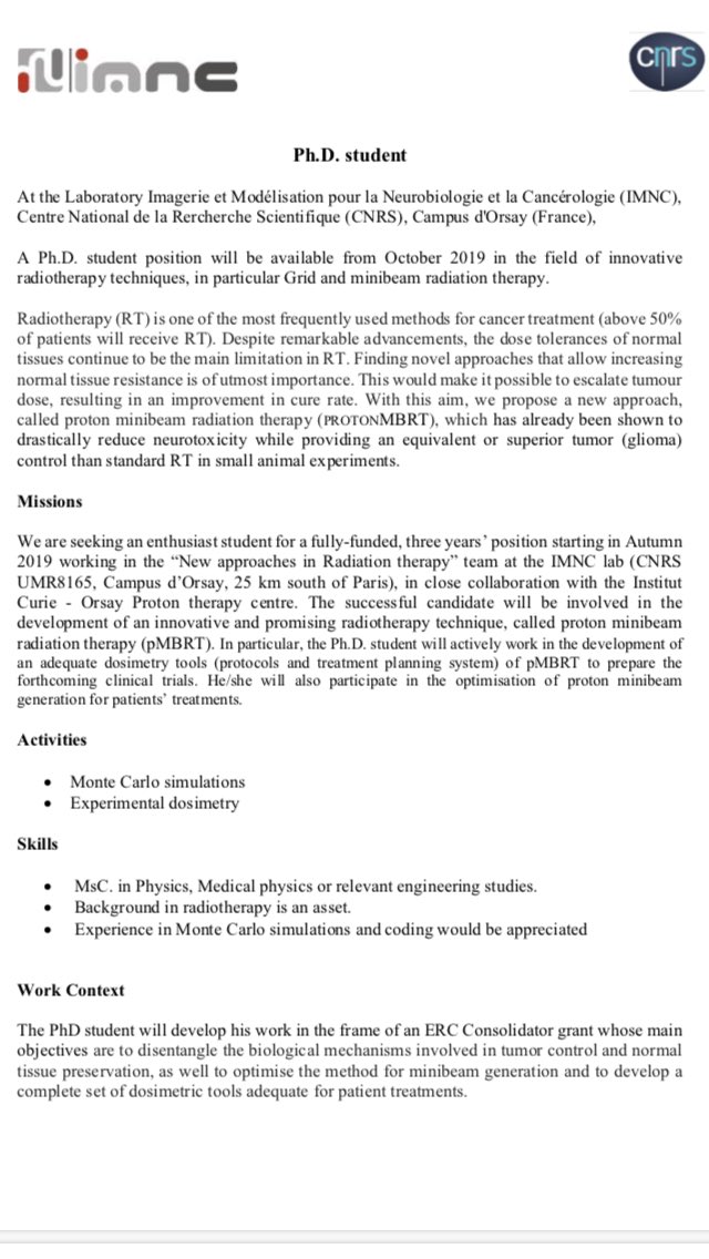 amonicalourenco's tweet photo. PhD position available on grid and mini beam proton therapy at IMNC and CNRS in Orsay. They are still looking for candidates - please email directly Yolanda Prezado if interested https://t.co/Ktmc8pHqmx