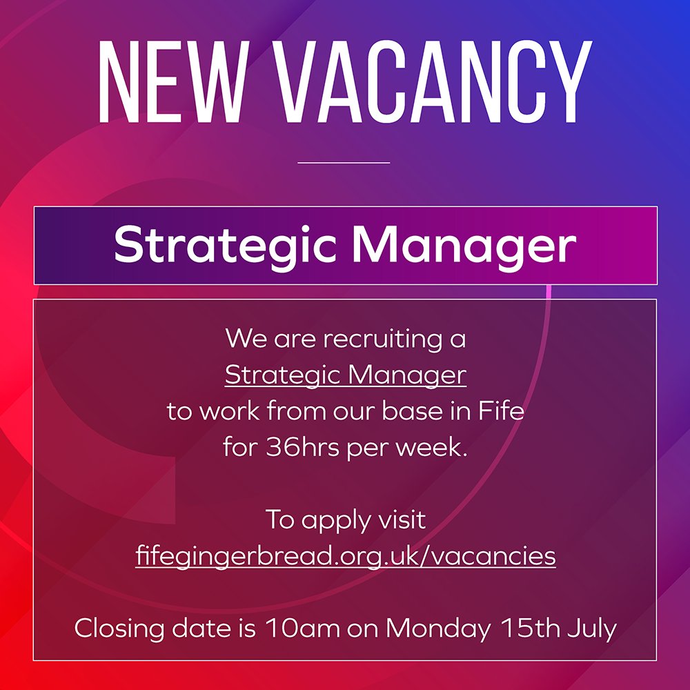 FifeGingerbread's tweet photo. We are hiring!!!

We are now recruiting a Strategic manager to take up the leadership role in our organisation.

For more information and to apply visit our website 👉https://t.co/kJOrRzJ56E

Closing date: 10am on Monday 15 July 2019.

#apply  #joinus #recruitment #vacancies https://t.co/LN4TW0ct1T