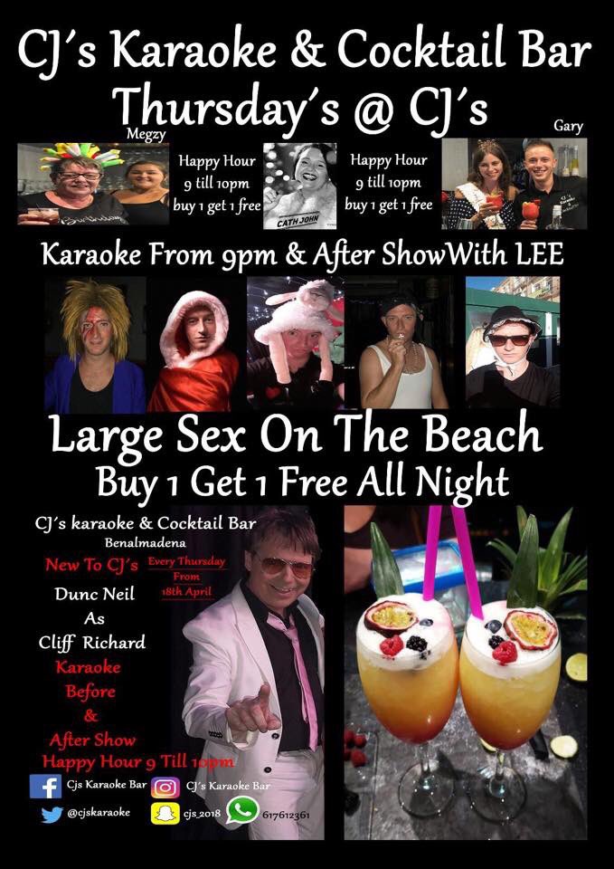 mamacathspain's tweet image. Don’t miss cliff tonight at cjs , happy hour 9 till 10 pm with most drinks buy 1 get one free , fantastic freshly made cocktails , karaoke with the mad man himself lee , come join us cjs , the fun is feee !!!!! #teamcjs xxx