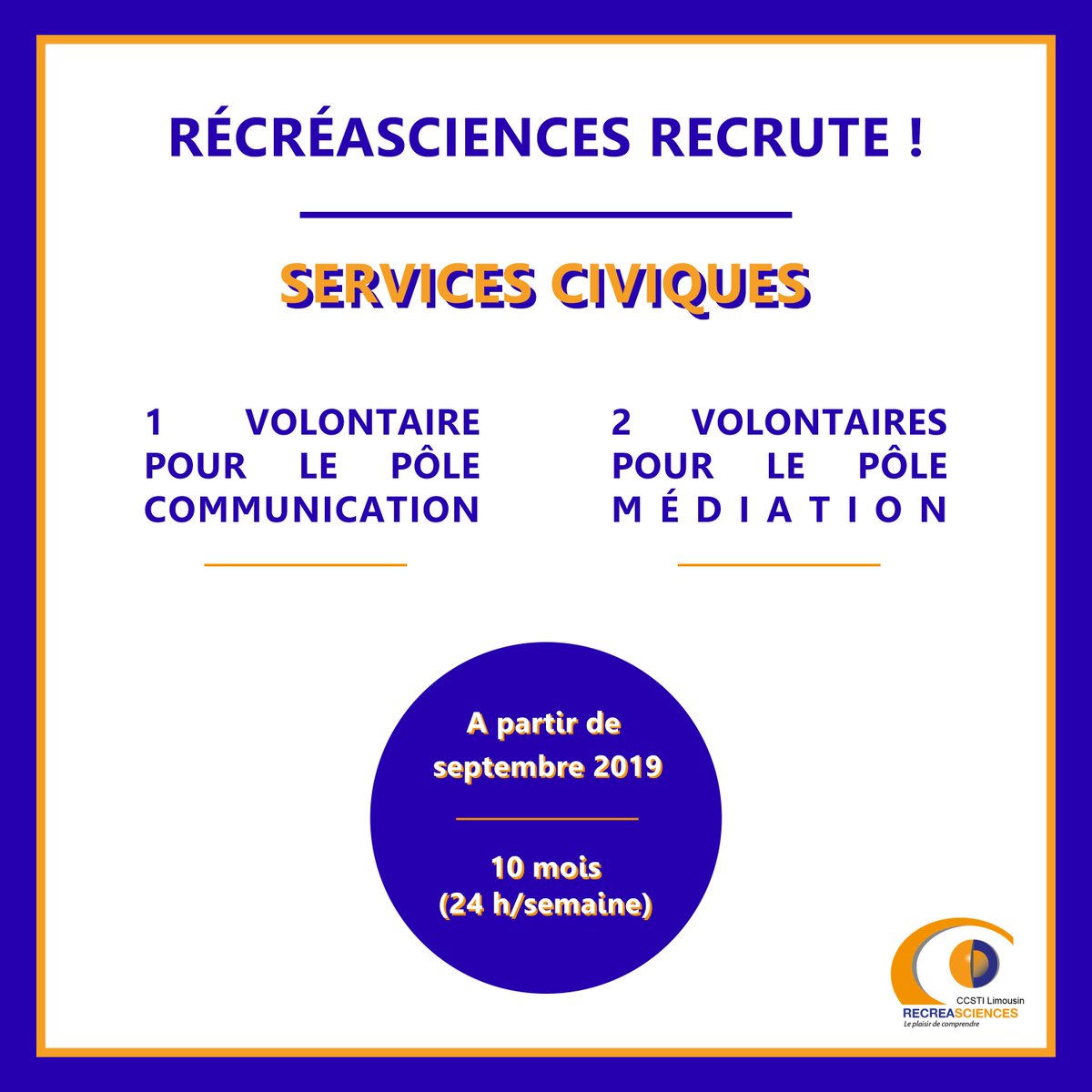 L'équipe Récréasciences s’agrandit ! Nous recherchons trois volontaires en service civique pour participer à l'évolution de la structure 🔜

Pôle communication -> bit.ly/2x8Lmxe
Pôle animation -> bit.ly/2Ks0L4F