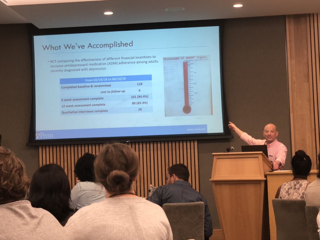 Rsbeidas's tweet photo. #DrSteveMarcus presents on next steps for #ProjectAdapt given their incredibly successful recruitment @PennALACRITY #SummerRetreat19 https://t.co/44nmfG3M4Z