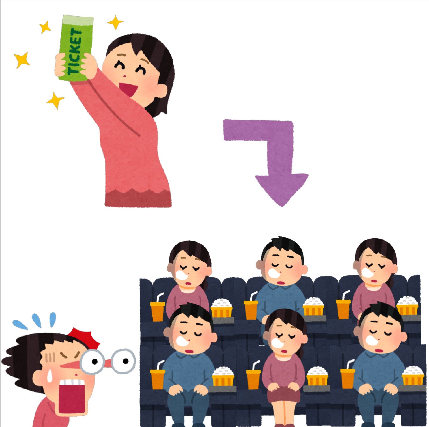 Twitter 上的 まいチクをいらすとやで再現 Dayukoume 再現難易度 使ったイラスト 5枚 チケットを手に入れた人のイラスト 女性 矢印のイラスト 直角 驚いて目が飛び出る人のイラスト 女性 いろいろな表情の映画を見る人のイラスト つまらない映画を見て寝て