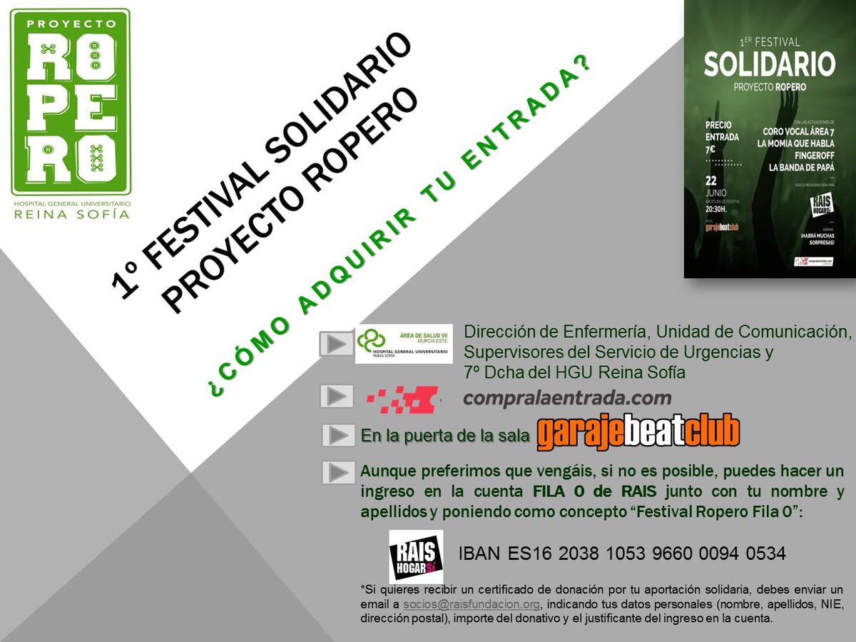 pascualpinera's tweet photo. 1 Festival Solidario Proyecto Ropero  Servicio de #Urgencias @Area7ReinaSofia  Si puedes venir te esperamos en #GarageBeatClub el próximo sábado 22 junio a las 20:30. Si no puedes ir seguro que puedes colaborar. Aquí te explican cómo hacerlo #filacero 👇🏻👇🏻👇🏻👇🏻 https://t.co/spTbr3s4Zv