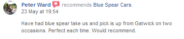 A fantastic #recommendation from our client, Peter!✅🚕

At Blue Spear Cars, we pride ourselves in providing a personable, friendly and affordable service.

Contact us today for a quote:
 📞 - 01525 839333
 ✉ - bookings@bluespearcars.co.uk
 📍 - Herts, Beds &amp; Bucks

#Ampthill