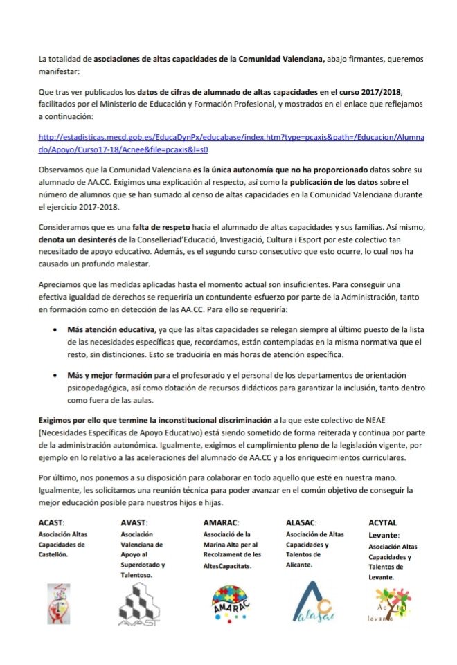 Las asociaciones de #aacc de la C.valenciana nos unimos para pedir explicaciones a la <a href="/GVAeducacio/">GVA Educació</a> por los datos no proporcionados sobre el alumnado de #AltasCapacidades.
<a href="/Asoc_AVAST/">Asociacion AVAST</a> <a href="/acytal/">Acytal Levante</a> <a href="/AlasacY/">ALASAC Asociación De Altas Capacidades y Talentos</a> ACAST