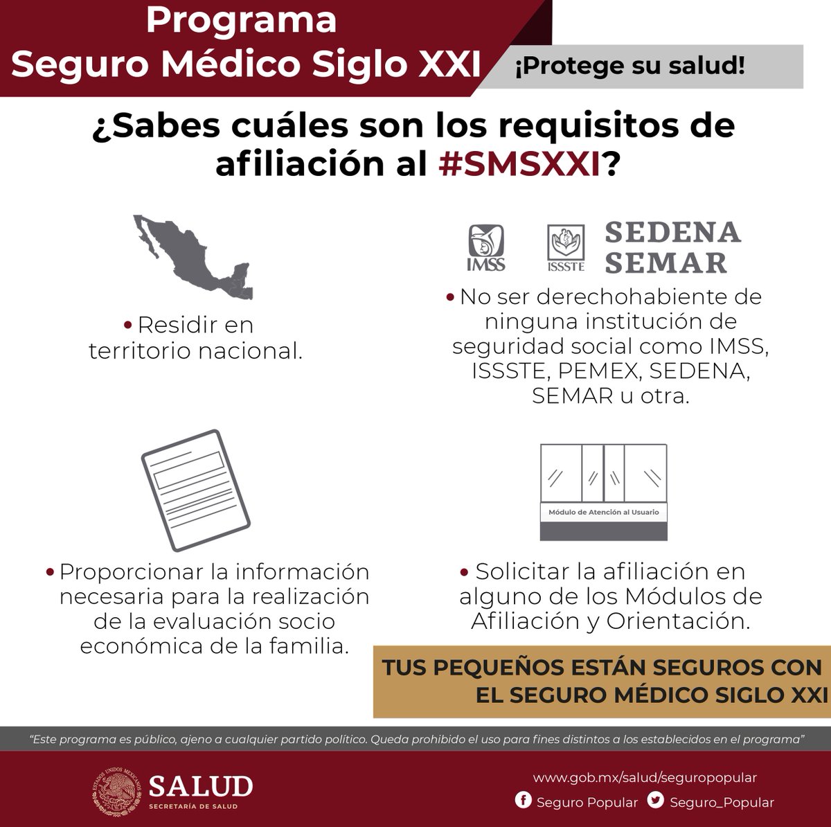 Seguro_Popular's tweet image. El Programa Seguro Médico Siglo XXI ofrece cobertura médica para la población infantil menor de 5 años. 
Conoce los requisitos para su incorporación y los beneficios en el siguiente enlace ➡ bit.ly/31MrOgw

Tus hijas e hijos están seguros con el Seguro Médico Siglo XXI.