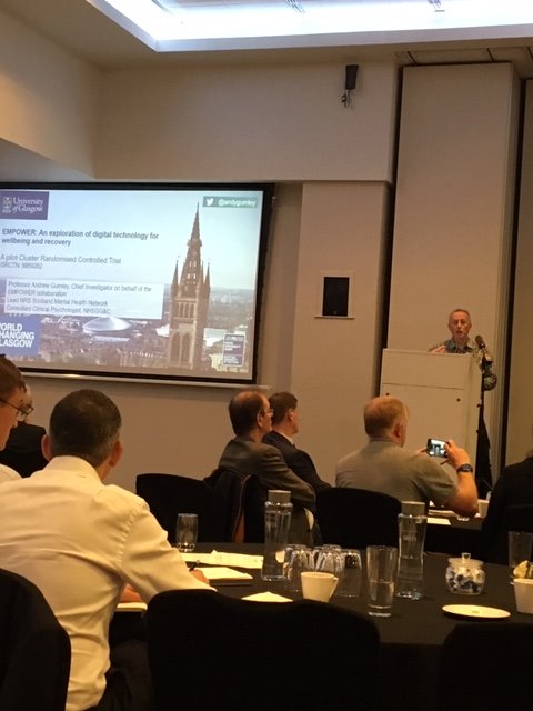 NHSGGCeHealth's tweet photo. Dr Andrew Gumley @andygumley , consultant Psychologist in @NHSGGC presenting today at the NHS and Social Care Innovation Network on Digital Mental Health #innovation #DigitalLifeLegacy https://t.co/0yH51H3GgJ