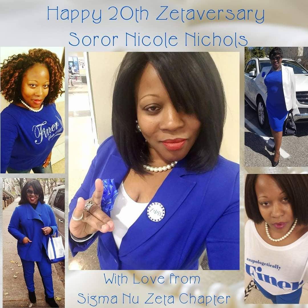 zphibSNZ's tweet photo. Join Sigma Nu Zeta in celebrating Soror Nicole Nichols on her 20th Zetaversary! Keep your Zeta light shining bright. 💙 #zphibsnz #spring99 https://t.co/fVr9bl4lG5