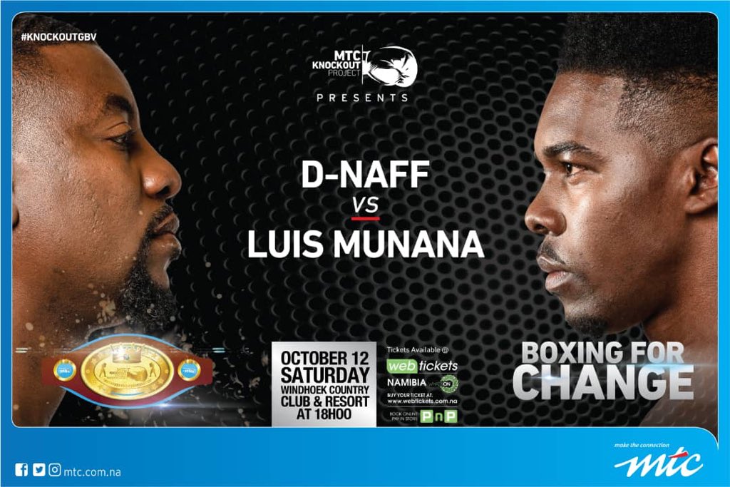 LuisMunana's tweet image. On October 12th, 2019 I will do the unthinkable by stepping in a boxing ring to fight @naff_d for a good cause. We are #BoxingForChange , this is an @MTCNamibia initiative. Financial proceeds go towards  the efforts/fight against Gender Based Violence. #KnockOutGBV