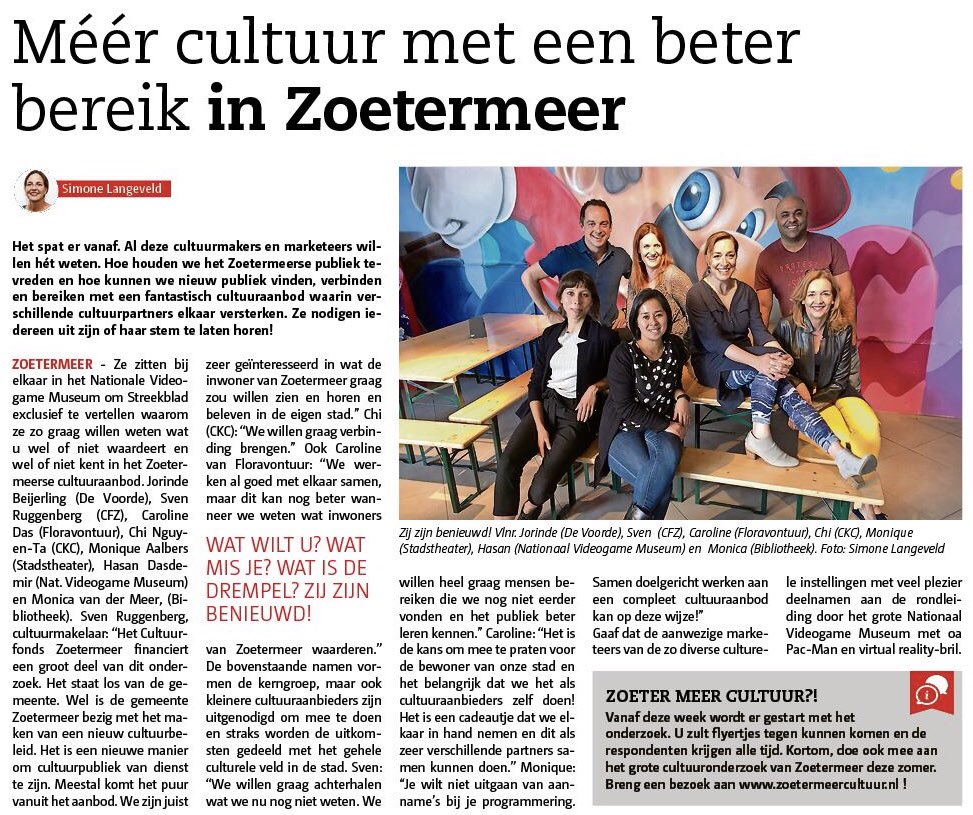 Cultuurfonds079's tweet photo. Vandaag in het @Streekblad een artikel over het Zoetermeerse Cultuuronderzoek! 🎉 Wat wil jij?! Laat het ons weten via https://t.co/KOgACgmGhN De vragenlijst is vanaf nu LIVE! ✌🏻✅🍾
#gesteund #zoetermeer #raad079 https://t.co/mZAArMDTpo