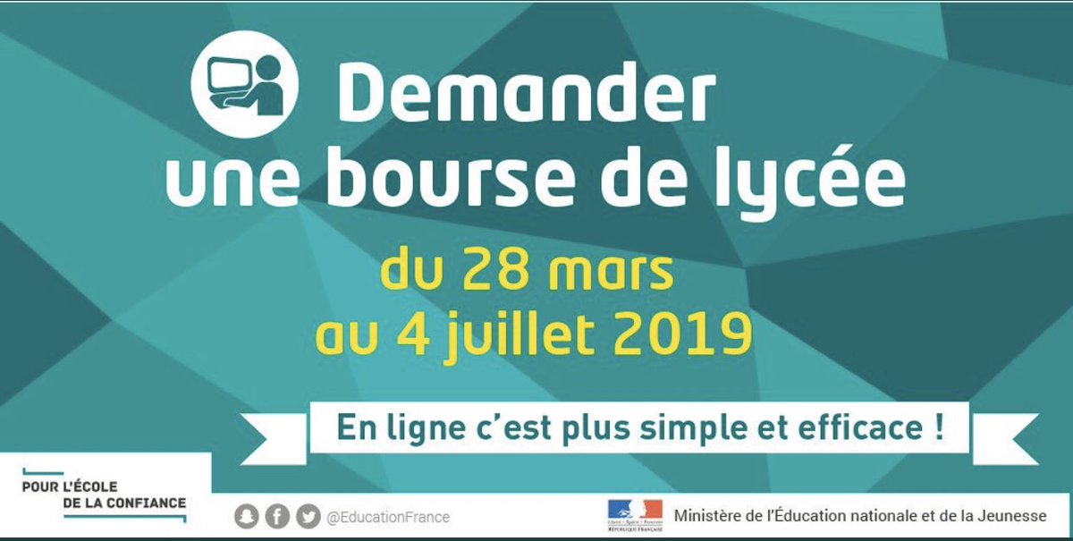 JeunesMacronSE's tweet image. La bourse de lycée est une aide financière accordée sous conditions de ressources aux parents de #lycéens afin de les aider à payer les frais de #scolarité . 

🗓 Les parents ou responsables d’élèves : connection au portail Scolarité-Services du 28 mars au 4 juillet 2019 📲
