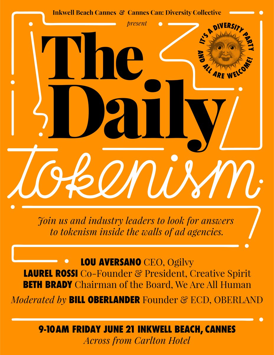 OBERLAND (@thisisoberland) on Twitter photo Tokens are for arcades, not agencies. Don’t miss <a href="/laurel_rossi/">Laurel Rossi</a>, <a href="/laversano/">Lou Aversano</a>, & Beth Brady of <a href="/WAAH_Foundation/">We Are All Human Foundation</a> for tomorrow’s final #TheDailyIsm as they tackle tokenism at #InkwellBeachCannes.
#CannesDiversityCollective Tokens are for arcades, not agencies. Don’t miss <a href="/laurel_rossi/">Laurel Rossi</a>, <a href="/laversano/">Lou Aversano</a>, & Beth Brady of <a href="/WAAH_Foundation/">We Are All Human Foundation</a> for tomorrow’s final #TheDailyIsm as they tackle tokenism at #InkwellBeachCannes.
#CannesDiversityCollective
