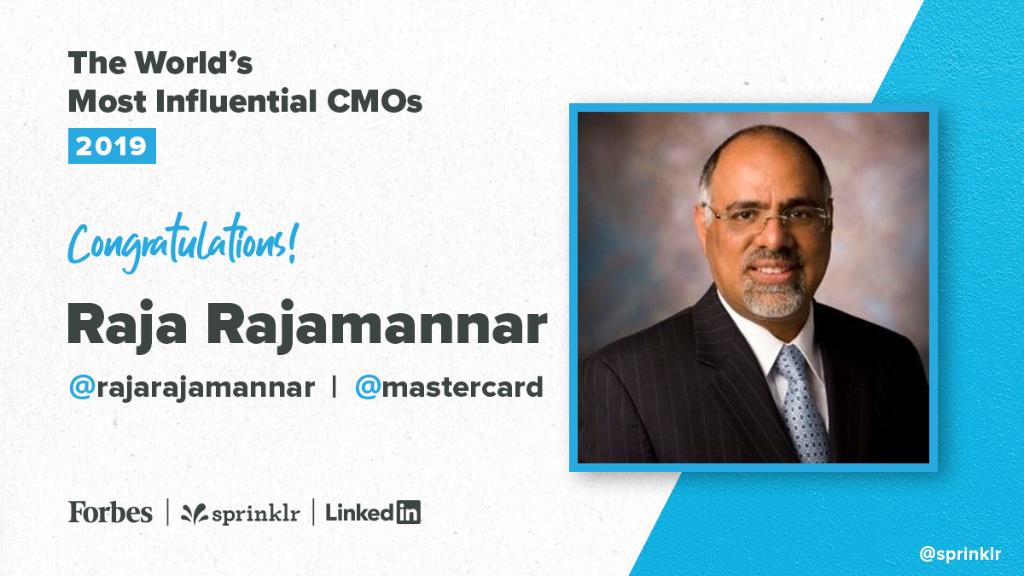 Sprinklr's tweet image. Marketers are the 🗝 to creating an inclusive future. It&apos;s been a terrific year for you and the @Mastercard team! Excited to see what you guys do next 👏 Congrats Raja! -Mike #InfluentialCMOs ms.spr.ly/6015TKRAd
