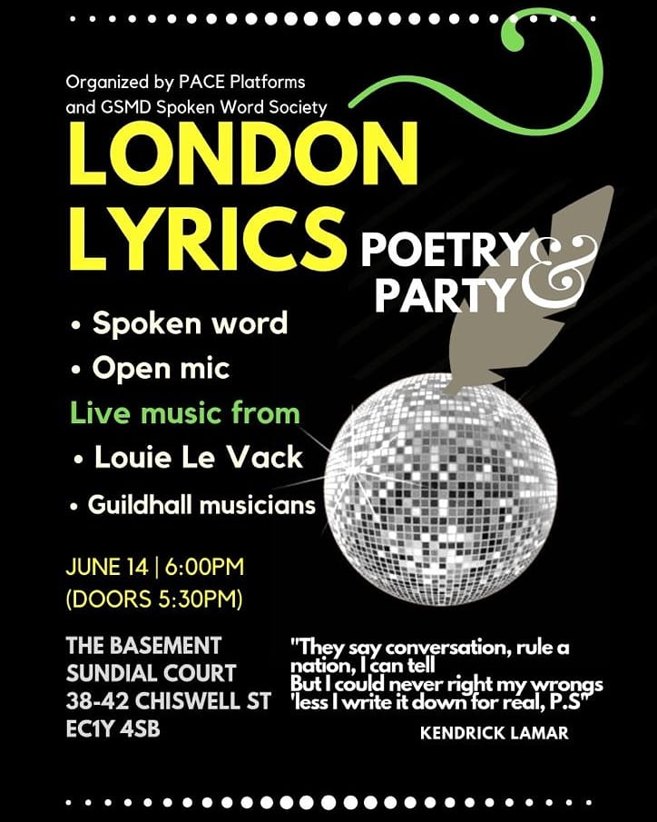 #tbt to last Friday when @SugarJPoet performed at London Lyrics, a special poetry and music event organised by our PACE students and the <a href="/guildhallschool/">Guildhall School of Music & Drama</a> Spoken Word Society! They had a full house including guests from all over the country. Well done to everyone involved!