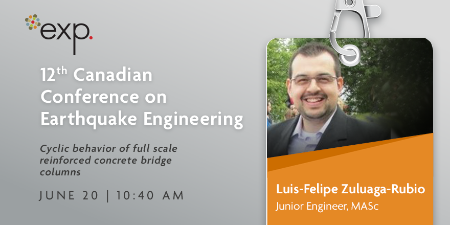 EXP_Global_Inc's tweet photo. Proud to be at the 12th Canadian Conference on #EarthquakeEngineering in #QuébecCity. Come hear EXP’s Luis-Felipe Zuluaga-Rubio speak about cyclic behavior of full scale reinforced concrete bridge columns, at 10:40 am. #CCEE2019 #EXPcareers https://t.co/StEJgbbKbF